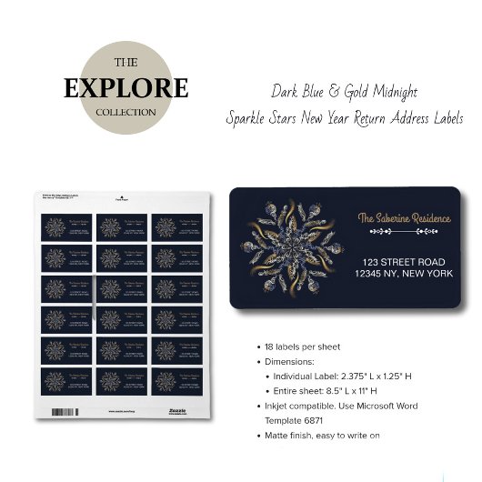 Dark Blue & Gold Midnight Sparkle Stars New Year  ラベル