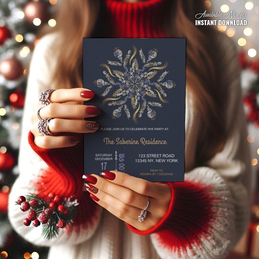 Dark Blue & Gold Midnight Sparkle Stars New Year  招待状