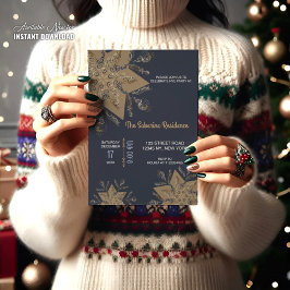 Dark Blue & Gold Midnight Sparkle Stars New Year  招待状