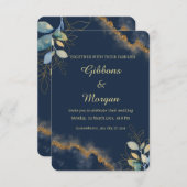 Dark Blue Gold Watercolor Wash Modern Wedding  招待状 (正面/裏面)