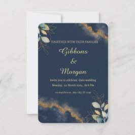 Dark Blue Gold Watercolor Wash Modern Wedding  招待状