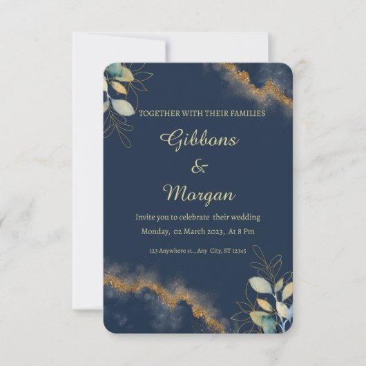 Dark Blue Gold Watercolor Wash Modern Wedding  招待状 (正面)