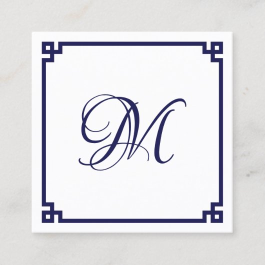 Dark Blue Greek Key Calligraphy Monogram スクエア名刺 (正面)