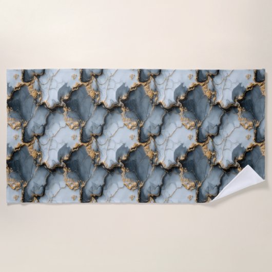 Dark Blue Marble Texture with Liquid Gold Veins ビーチタオル (正面)