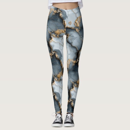 Dark Blue Marble Texture with Liquid Gold Veins レギンス (正面)