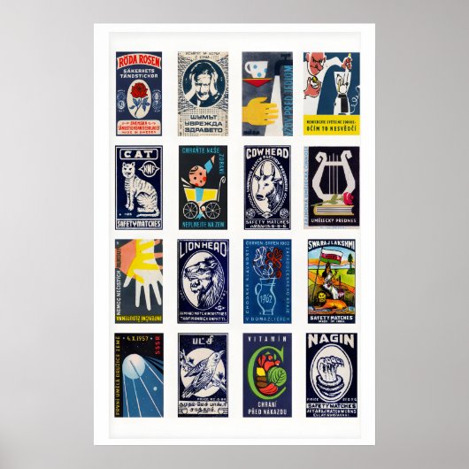 Dark Blue Matchbox Label Collage, Vintage Ephemera ポスター (正面)