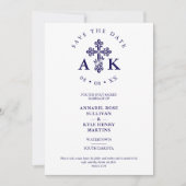 Dark Blue Ornate Christian Cross Wedding Initials セーブザデート (正面)