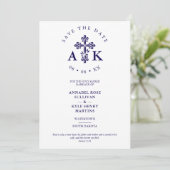Dark Blue Ornate Christian Cross Wedding Initials セーブザデート (スタンド正面)