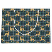 Dark Blue Plaid with Faux Gold Reindeer Holiday ラージペーパーバッグ (正面)