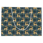 Dark Blue Plaid with Faux Gold Reindeer Holiday ラージペーパーバッグ (裏面)