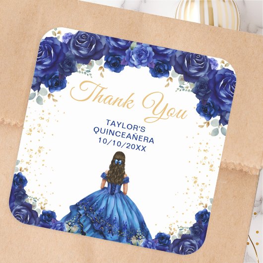 Dark Blue Princess Quinceañera Thank You スクエアシール