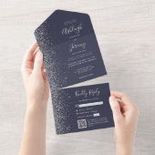 Dark Blue Silver Glitter QR Code Wedding オールインワン招待状 (貼ってはがせる)