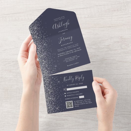 Dark Blue Silver Glitter QR Code Wedding オールインワン招待状 (貼ってはがせる)