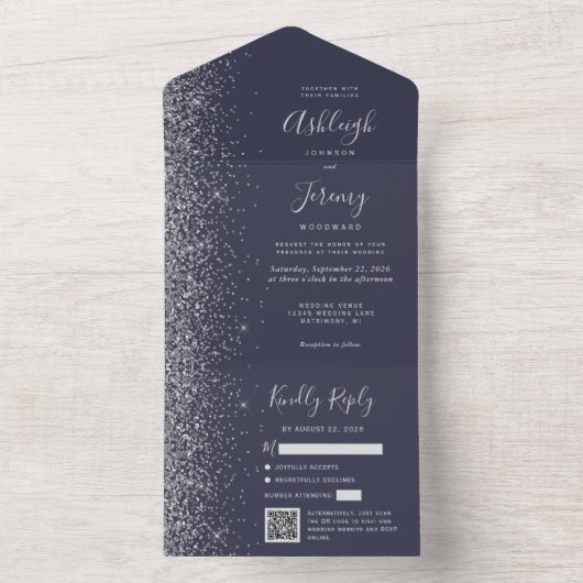 Dark Blue Silver Glitter QR Code Wedding オールインワン招待状 (内側)