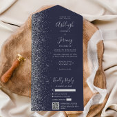 Dark Blue Silver Glitter QR Code Wedding オールインワン招待状