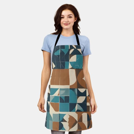 Dark Blue, Teal, Brown, and Tan Geometric Pattern エプロン (着用した状態)