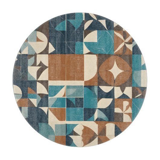 Dark Blue, Teal, Brown, and Tan Geometric Pattern カッティングボード (正面)