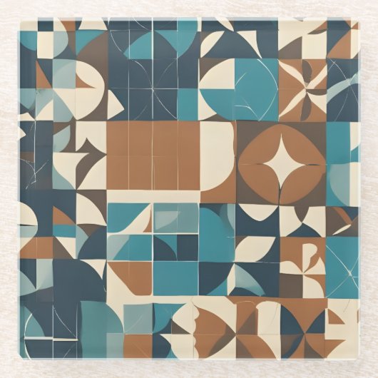 Dark Blue, Teal, Brown, and Tan Geometric Pattern ガラスコースター (正面)