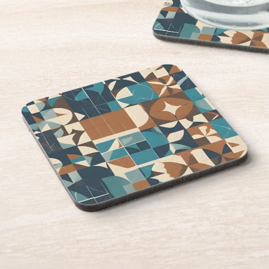 Dark Blue, Teal, Brown, and Tan Geometric Pattern コースター (左側)