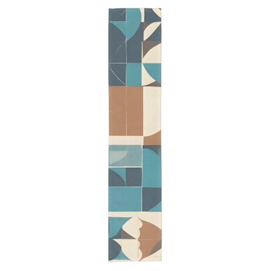 Dark Blue, Teal, Brown, and Tan Geometric Pattern ショートテーブルランナー (正面)