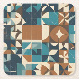 Dark Blue, Teal, Brown, and Tan Geometric Pattern スクエアペーパーコースター