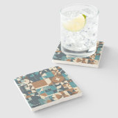 Dark Blue, Teal, Brown, and Tan Geometric Pattern ストーンコースター (横)
