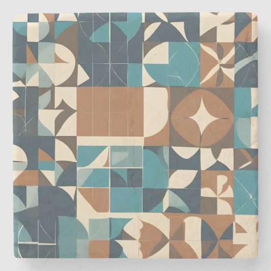 Dark Blue, Teal, Brown, and Tan Geometric Pattern ストーンコースター (正面)