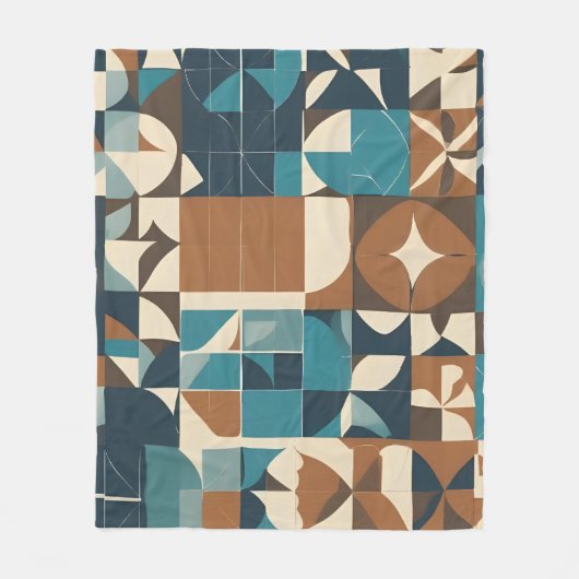 Dark Blue, Teal, Brown, and Tan Geometric Pattern フリースブランケット (正面)