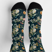 Dark Blue Vintage Style Garden Flower Pattern ソックス (上部)