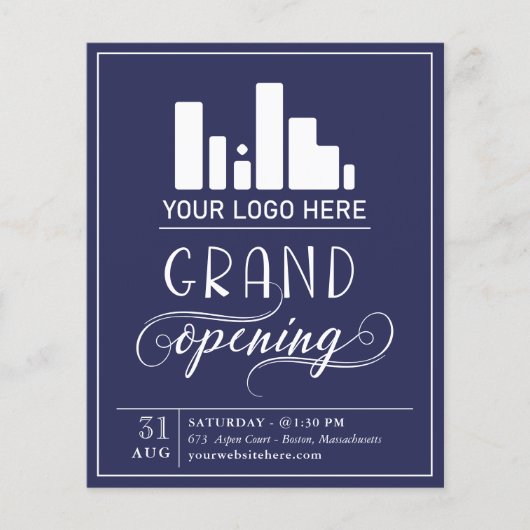 Dark Blue & White Grand Opening Your Logo Invitati チラシ (正面)