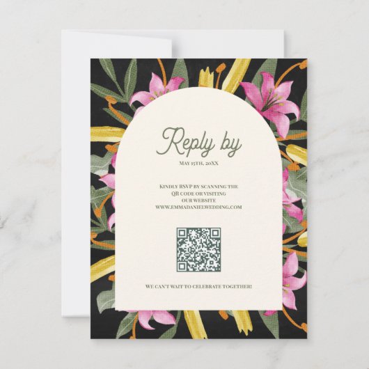 Dark Blush Pink Lily Arched RSVP Card with QR Code (裏面)