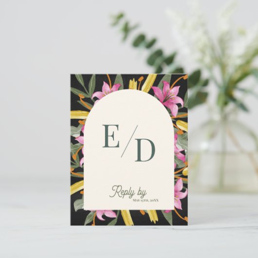 Dark Blush Pink Lily Arched RSVP Card with QR Code (スタンド正面)