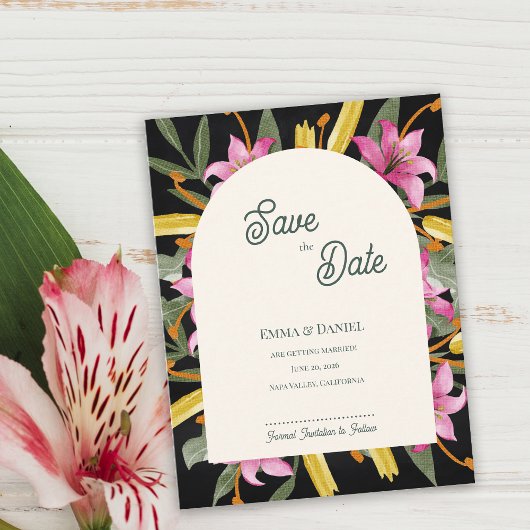 Dark Blush Pink Lily Arched Save the Date 案内ポストカード