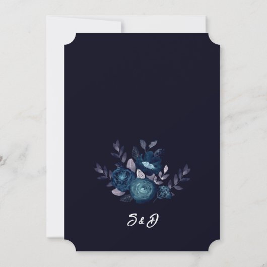 Dark Boho Moody Blue Floral Wedding 招待状 (裏面)