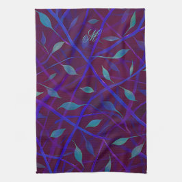 Dark Botanical Burgundy Jewel Foliage Monogram キッチンタオル