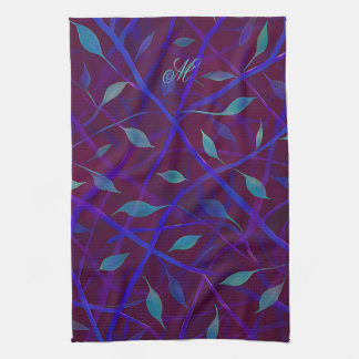 Dark Botanical Burgundy Jewel Foliage Monogram キッチンタオル