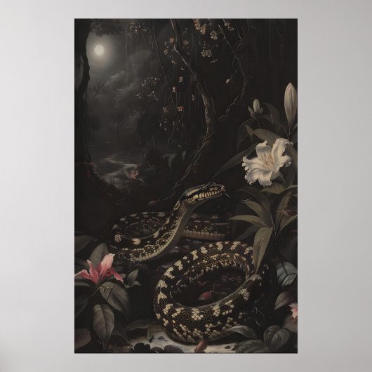 Dark Botanical Snake Art Print Floral Reptile ポスター (正面)