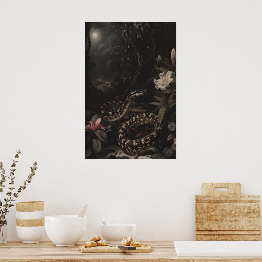 Dark Botanical Snake Art Print Floral Reptile ポスター (キッチン)