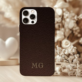 Dark Brown Faux Leather and Gold Monogram Initials Case-Mate iPhoneケース