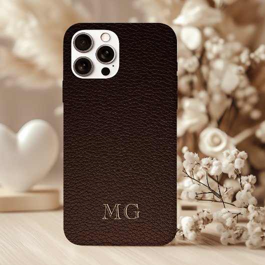 Dark Brown Faux Leather and Gold Monogram Initials Case-Mate iPhoneケース