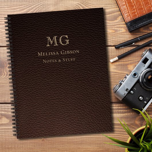 Dark Brown Faux Leather Gold Monogrammed ノートブック