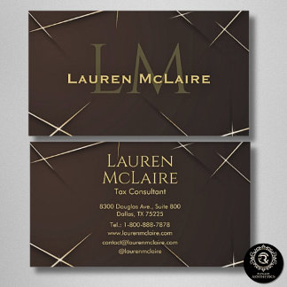 Dark Brown & Gold Accent Monogram Business Card 名刺