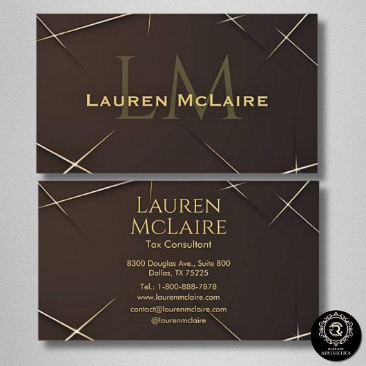 Dark Brown & Gold Accent Monogram Business Card 名刺