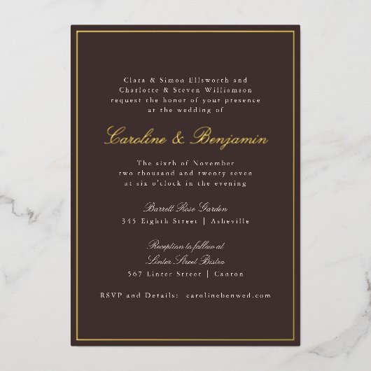 Dark Brown Gold Script Formal Wedding Elegant 箔招待状 (正面)