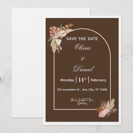 Dark Brown Minimalist Boho Wedding Invitation 招待状 (正面/裏面)