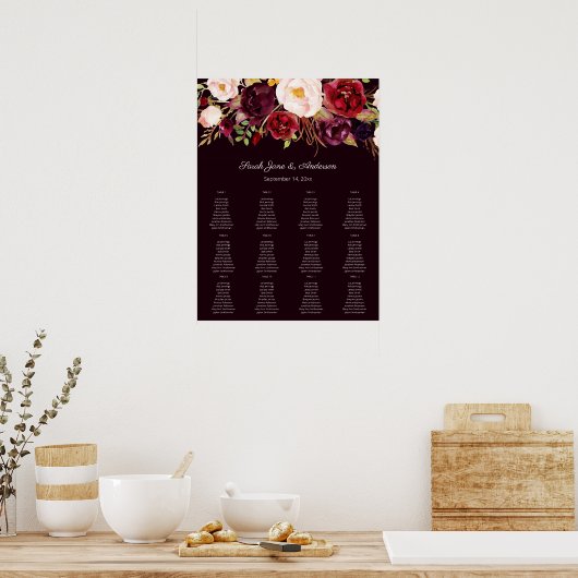 Dark Burgundy Blush Floral Seating Chart 12 ポスター (キッチン)