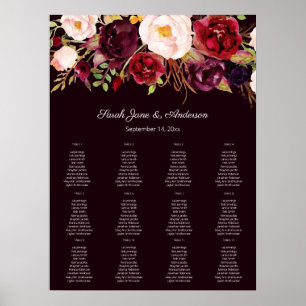 Dark Burgundy Blush Floral Seating Chart 12 ポスター