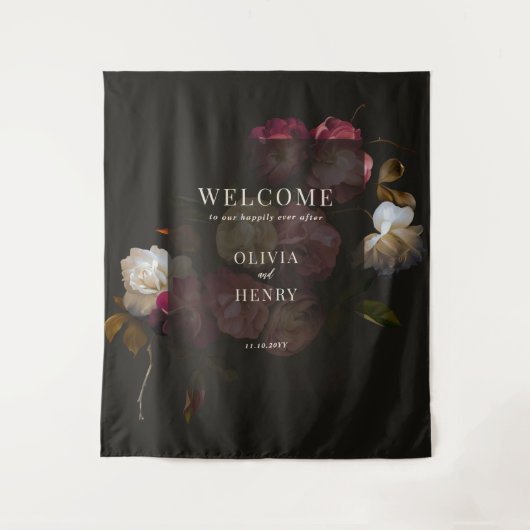 Dark Burgundy Floral Moody Romantic Welcome Sign タペストリー (正面)