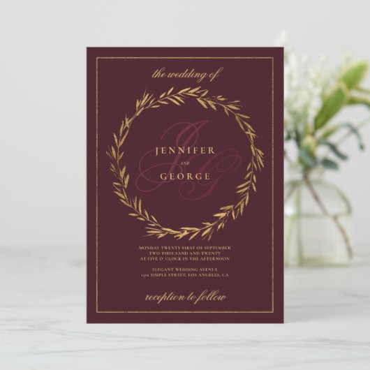 Dark burgundy gold monogram initials Wedding  招待状 (スタンド正面)