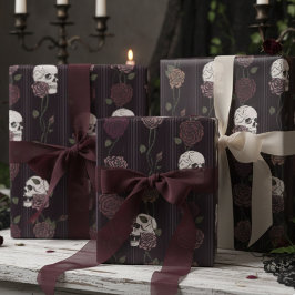 Dark Burgundy Gothic Skull & Rose Stripes ラッピングペーパー